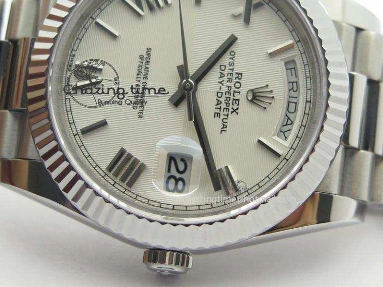 Modern DayDate 40mm BP-Maker 228206 SS White Roman Dial (Fluted Bezel) On SS Bracelet ETA 3905