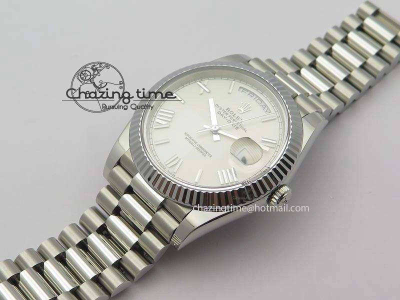 Modern DayDate 40mm BP-Maker 228206 SS White Roman Dial (Fluted Bezel) On SS Bracelet ETA 3905