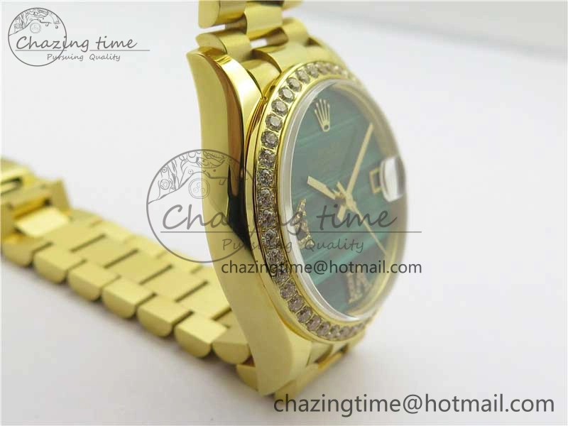 Stretchable Daydate 278288 31mm YG EWF Best Edition Green Malachite Dial Crystal Markers on YG President Bracelet ETA 10332