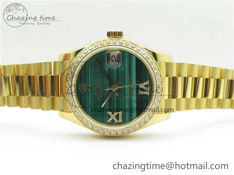 Stretchable Daydate 278288 31mm YG EWF Best Edition Green Malachite Dial Crystal Markers on YG President Bracelet ETA 10332