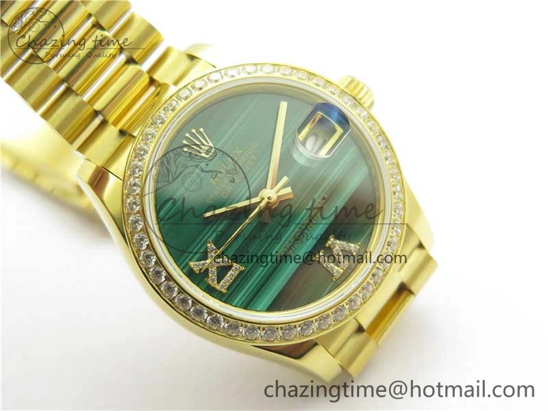 Stretchable Daydate 278288 31mm YG EWF Best Edition Green Malachite Dial Crystal Markers on YG President Bracelet ETA 10332