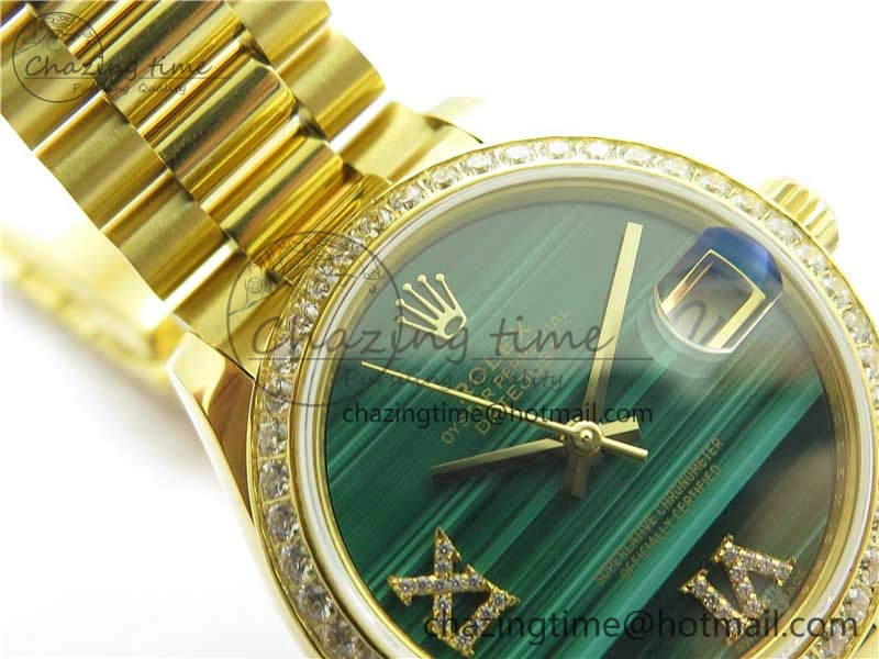 Stretchable Daydate 278288 31mm YG EWF Best Edition Green Malachite Dial Crystal Markers on YG President Bracelet ETA 10332