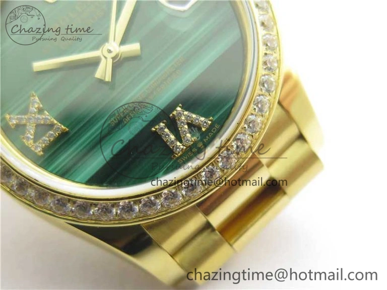 Stretchable Daydate 278288 31mm YG EWF Best Edition Green Malachite Dial Crystal Markers on YG President Bracelet ETA 10332