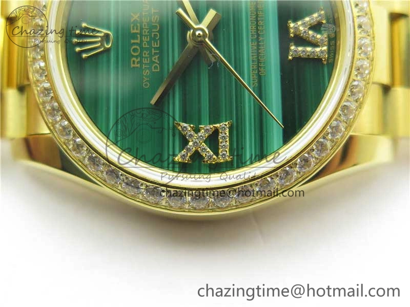 Stretchable Daydate 278288 31mm YG EWF Best Edition Green Malachite Dial Crystal Markers on YG President Bracelet ETA 10332