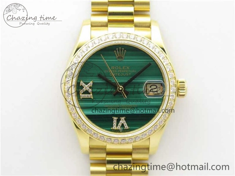WrinkleFree Daydate 278288 31mm YG EWF Best Edition Green Malachite Dial Crystal Markers on YG President Bracelet ETA 2606