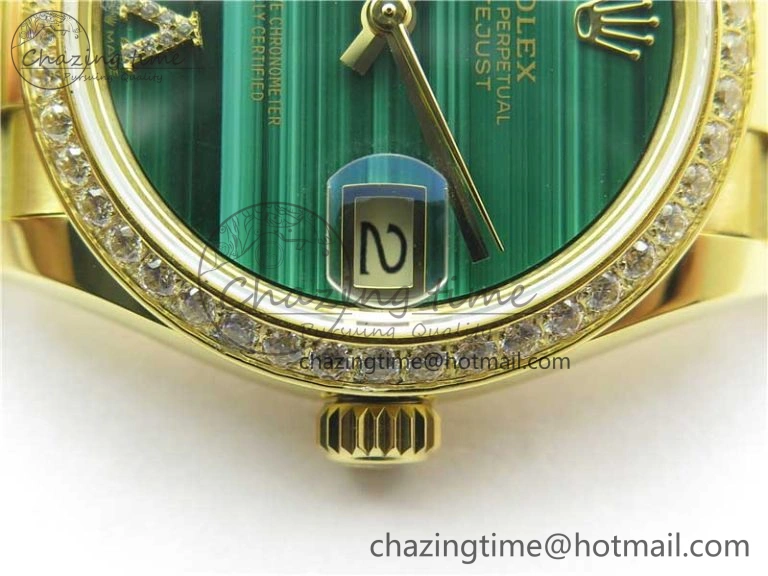 Stretchable Daydate 278288 31mm YG EWF Best Edition Green Malachite Dial Crystal Markers on YG President Bracelet ETA 10332