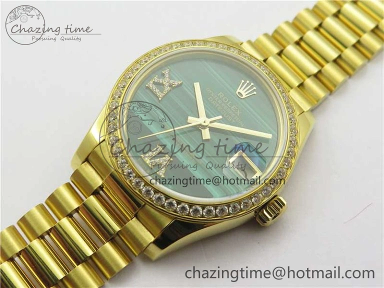 Stretchable Daydate 278288 31mm YG EWF Best Edition Green Malachite Dial Crystal Markers on YG President Bracelet ETA 10332