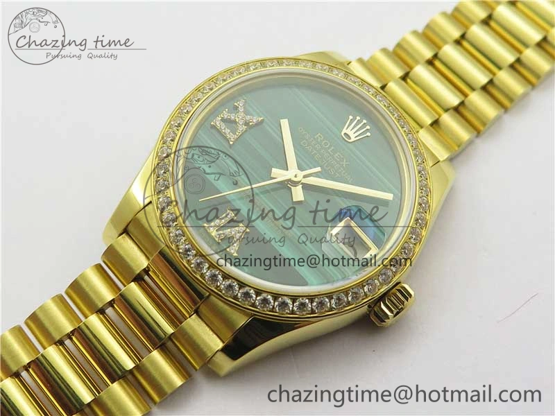 Stretchable Daydate 278288 31mm YG EWF Best Edition Green Malachite Dial Crystal Markers on YG President Bracelet ETA 10332