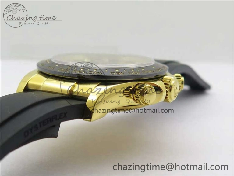 Daytona 116518 Noob 1:1 Best Edition YG Plated 904L SS Case Black Diamonds Dial on Black Rubber Strap SA4130 V4 (Free Extra Strap) Stretchable 2585