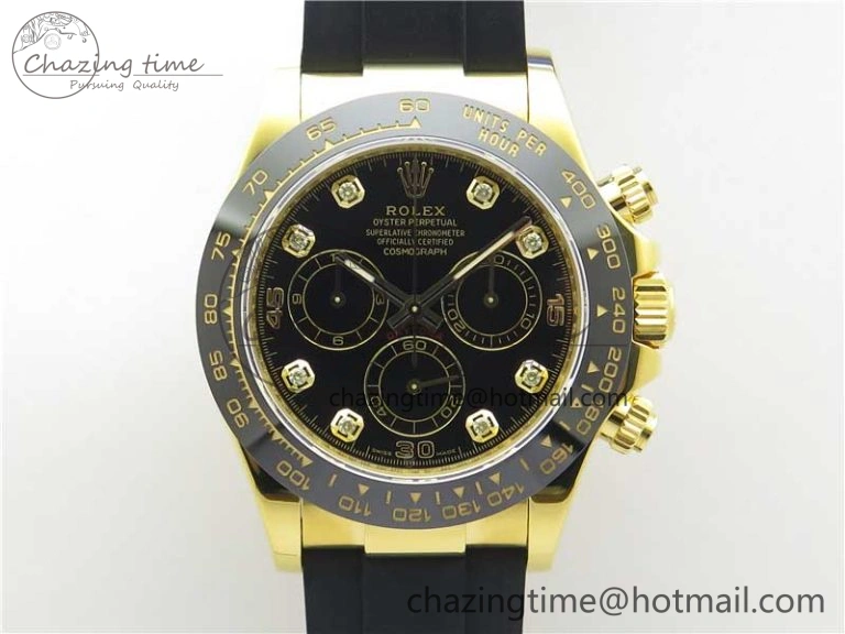 Daytona 116518 Noob 1:1 Best Edition YG Plated 904L SS Case Black Diamonds Dial on Black Rubber Strap SA4130 V4 (Free Extra Strap) Stretchable 2585