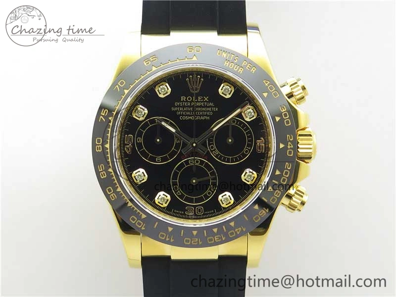 Daytona 116518 Noob 1:1 Best Edition YG Plated 904L SS Case Black Diamonds Dial on Black Rubber Strap SA4130 V4 (Free Extra Strap) Stretchable 2585