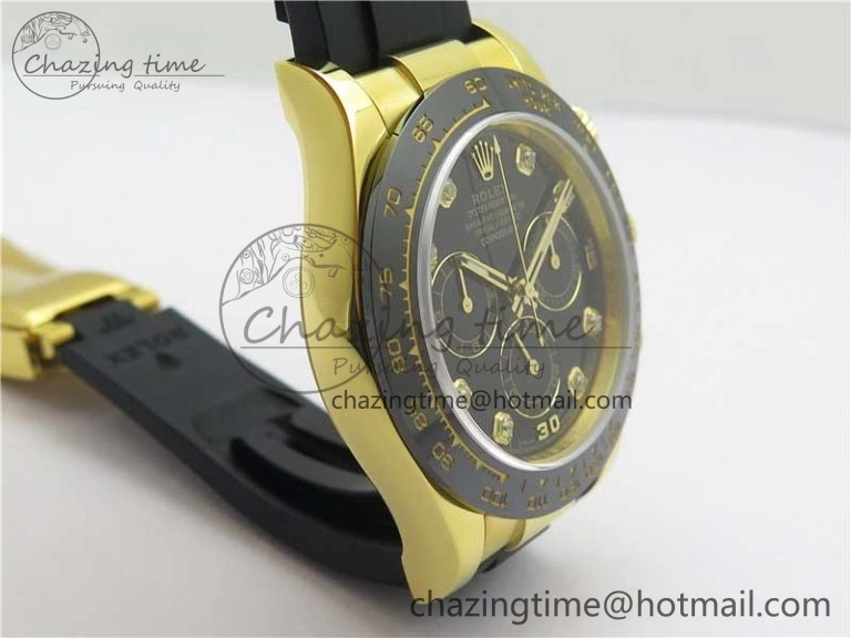 Daytona 116518 Noob 1:1 Best Edition YG Plated 904L SS Case Black Diamonds Dial on Black Rubber Strap SA4130 V4 (Free Extra Strap) Stretchable 2585