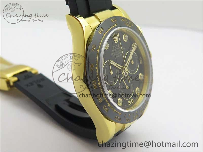 Daytona 116518 Noob 1:1 Best Edition YG Plated 904L SS Case Black Diamonds Dial on Black Rubber Strap SA4130 V4 (Free Extra Strap) Stretchable 2585