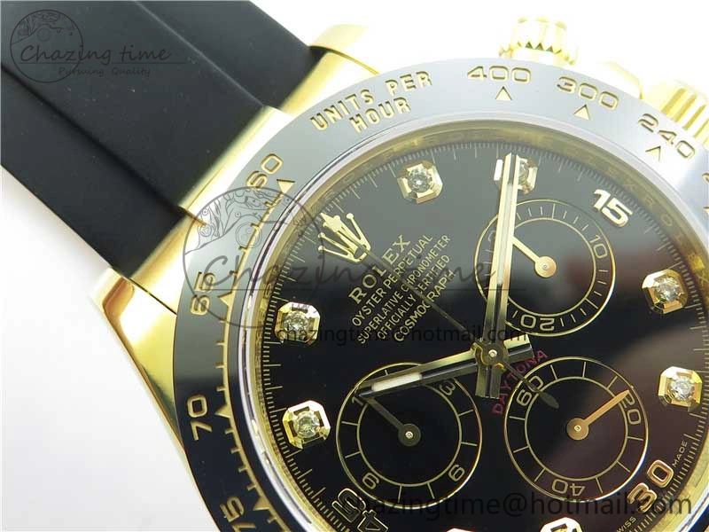 Daytona 116518 Noob 1:1 Best Edition YG Plated 904L SS Case Black Diamonds Dial on Black Rubber Strap SA4130 V4 (Free Extra Strap) Stretchable 2585