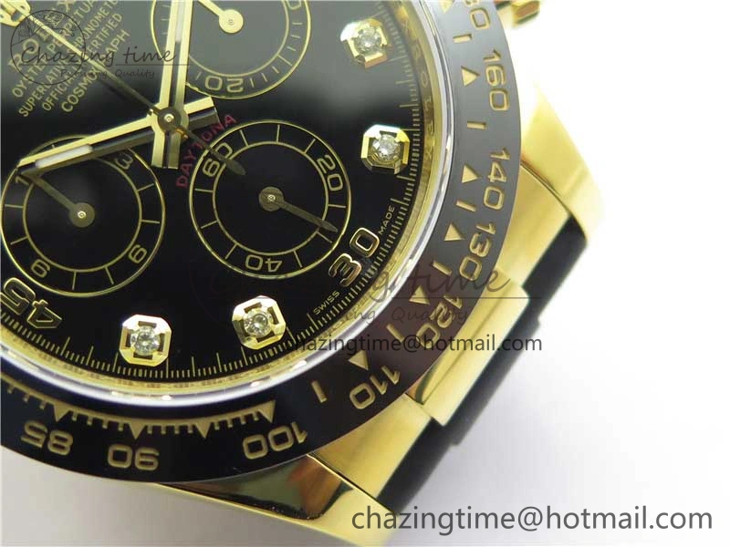 Daytona 116518 Noob 1:1 Best Edition YG Plated 904L SS Case Black Diamonds Dial on Black Rubber Strap SA4130 V4 (Free Extra Strap) Stretchable 2585