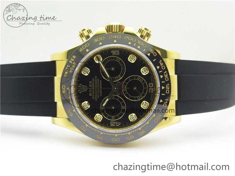 Daytona 116518 Noob 1:1 Best Edition YG Plated 904L SS Case Black Diamonds Dial on Black Rubber Strap SA4130 V4 (Free Extra Strap) Stretchable 2585