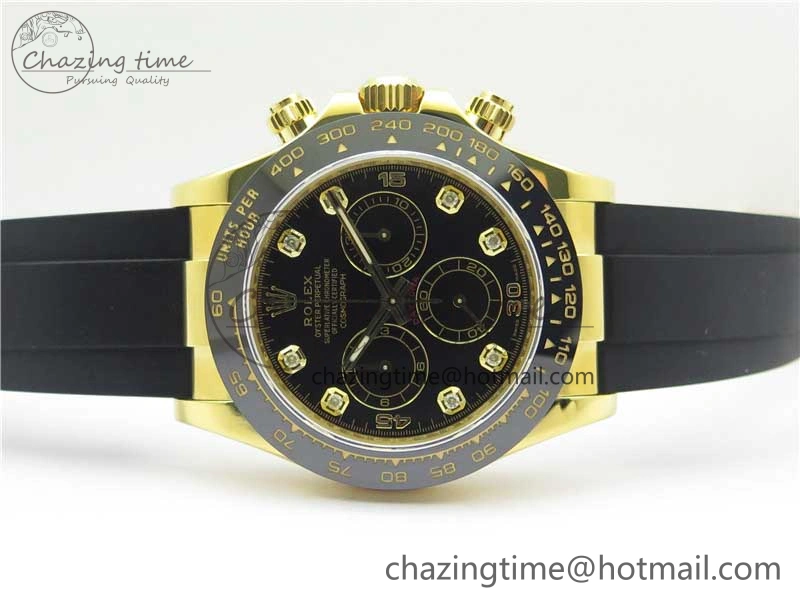 Daytona 116518 Noob 1:1 Best Edition YG Plated 904L SS Case Black Diamonds Dial on Black Rubber Strap SA4130 V4 (Free Extra Strap) Stretchable 2585