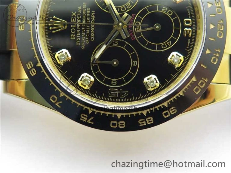 Daytona 116518 Noob 1:1 Best Edition YG Plated 904L SS Case Black Diamonds Dial on Black Rubber Strap SA4130 V4 (Free Extra Strap) Stretchable 2585