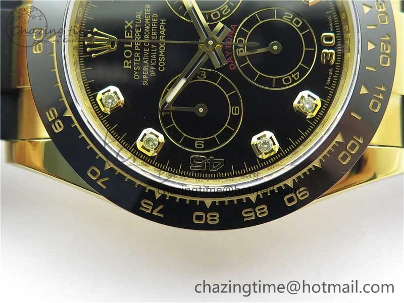 Daytona 116518 Noob 1:1 Best Edition YG Plated 904L SS Case Black Diamonds Dial on Black Rubber Strap SA4130 V4 (Free Extra Strap) Stretchable 2585