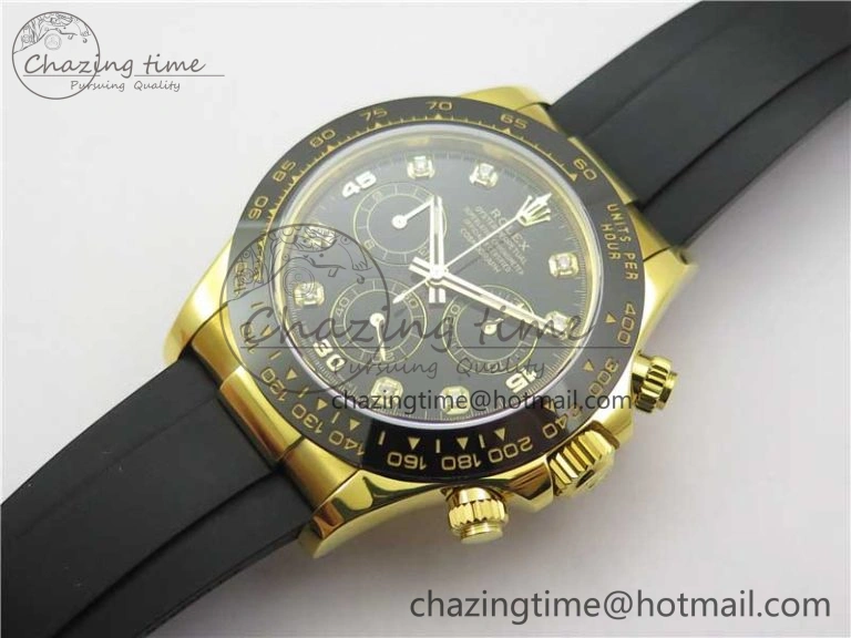 Daytona 116518 Noob 1:1 Best Edition YG Plated 904L SS Case Black Diamonds Dial on Black Rubber Strap SA4130 V4 (Free Extra Strap) Stretchable 2585