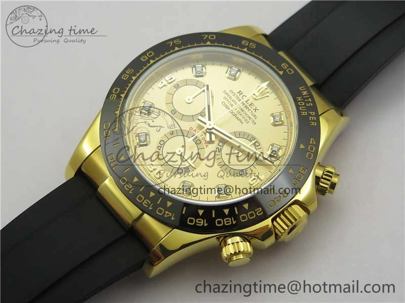 SmartChoice Daytona 116518 Noob 1:1 Best Edition YG Plated 904L SS Case Goid Diamonds Dial on Black Rubber Strap SA4130 V4 (Free Extra Strap) 2587