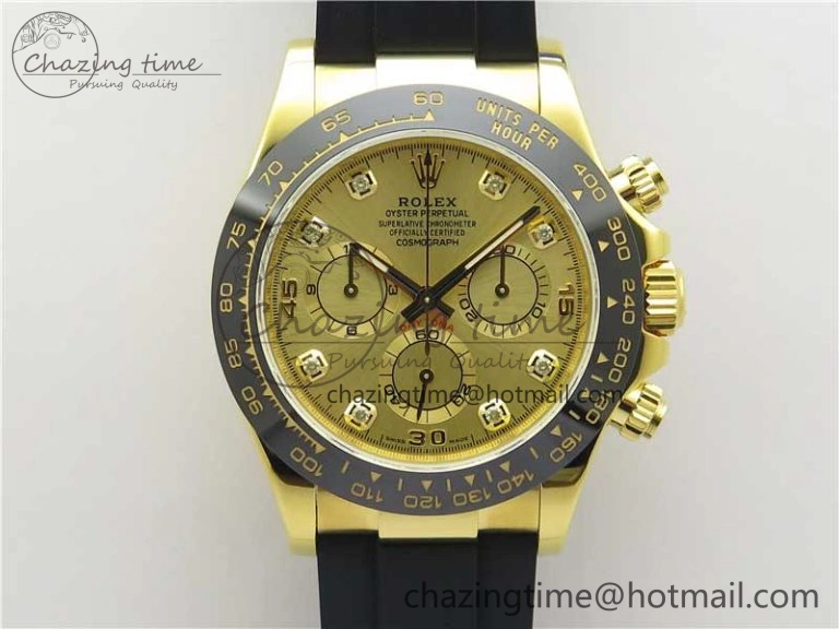SmartChoice Daytona 116518 Noob 1:1 Best Edition YG Plated 904L SS Case Goid Diamonds Dial on Black Rubber Strap SA4130 V4 (Free Extra Strap) 2587