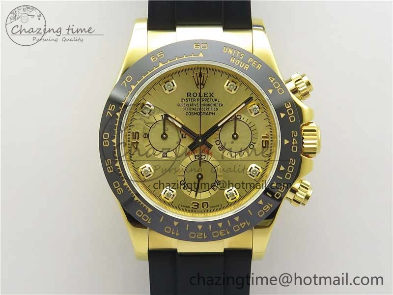 SmartChoice Daytona 116518 Noob 1:1 Best Edition YG Plated 904L SS Case Goid Diamonds Dial on Black Rubber Strap SA4130 V4 (Free Extra Strap) 2587