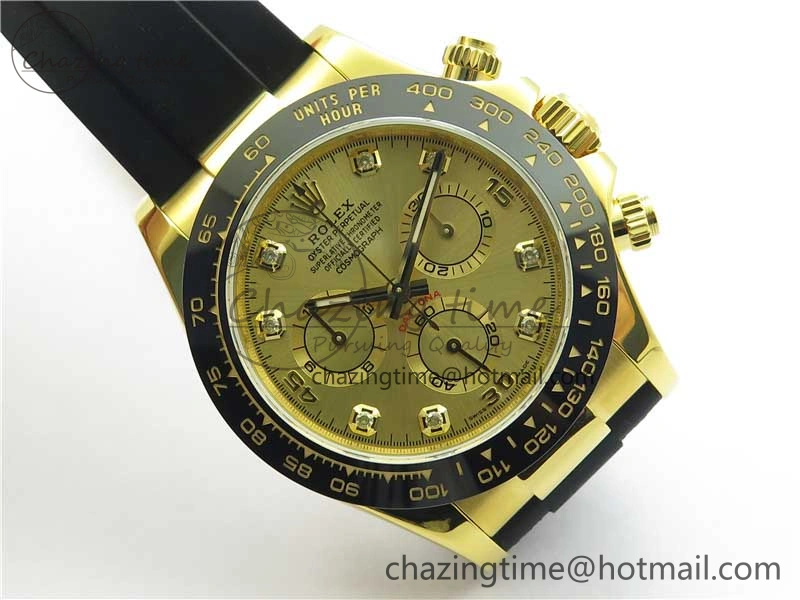 SmartChoice Daytona 116518 Noob 1:1 Best Edition YG Plated 904L SS Case Goid Diamonds Dial on Black Rubber Strap SA4130 V4 (Free Extra Strap) 2587