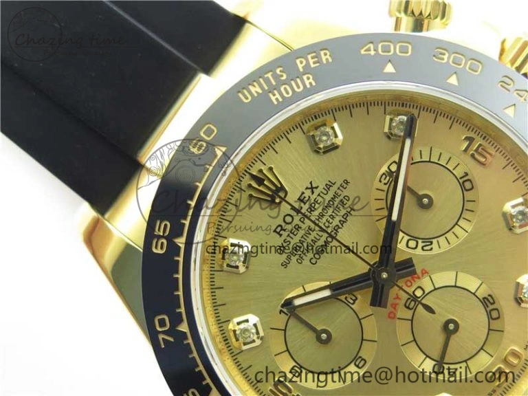 SmartChoice Daytona 116518 Noob 1:1 Best Edition YG Plated 904L SS Case Goid Diamonds Dial on Black Rubber Strap SA4130 V4 (Free Extra Strap) 2587