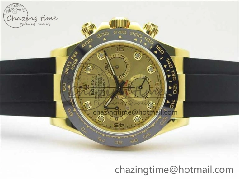 SmartChoice Daytona 116518 Noob 1:1 Best Edition YG Plated 904L SS Case Goid Diamonds Dial on Black Rubber Strap SA4130 V4 (Free Extra Strap) 2587