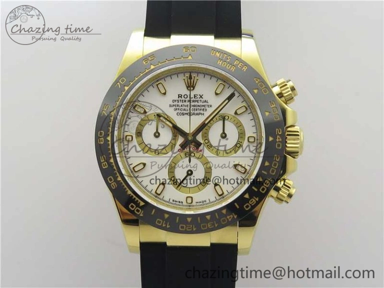 Daytona 116518 Noob 1:1 Best Edition YG Plated 904L SS Case White Dial on Black Rubber Strap SA4130 V3 (Free Extra Strap) Unique 3205
