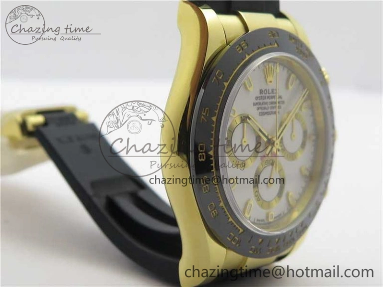 Daytona 116518 Noob 1:1 Best Edition YG Plated 904L SS Case White Dial on Black Rubber Strap SA4130 V3 (Free Extra Strap) Unique 3205