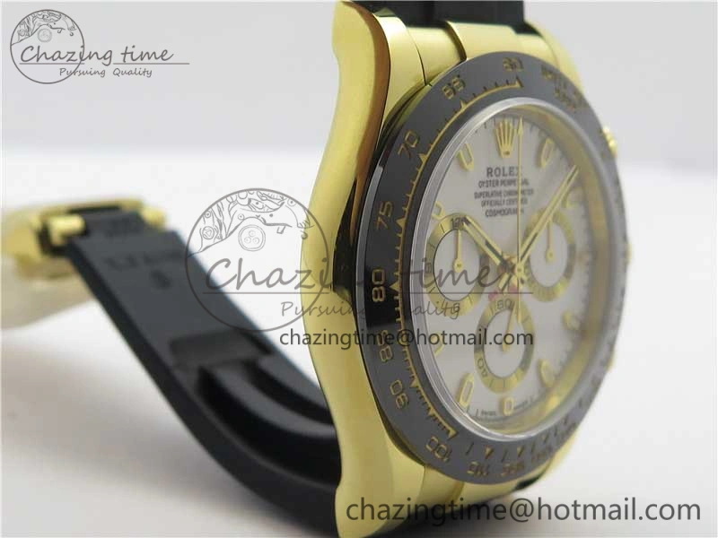 Daytona 116518 Noob 1:1 Best Edition YG Plated 904L SS Case White Dial on Black Rubber Strap SA4130 V3 (Free Extra Strap) Unique 3205