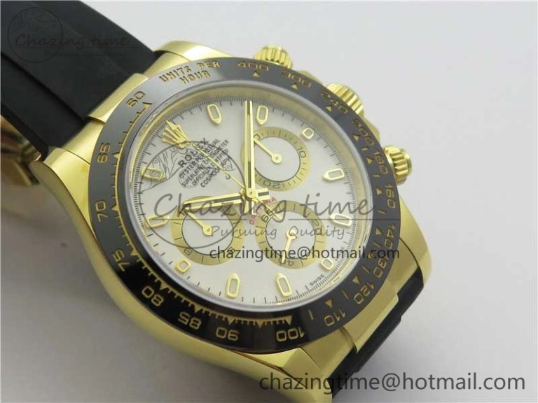 Daytona 116518 Noob 1:1 Best Edition YG Plated 904L SS Case White Dial on Black Rubber Strap SA4130 V3 (Free Extra Strap) Unique 3205