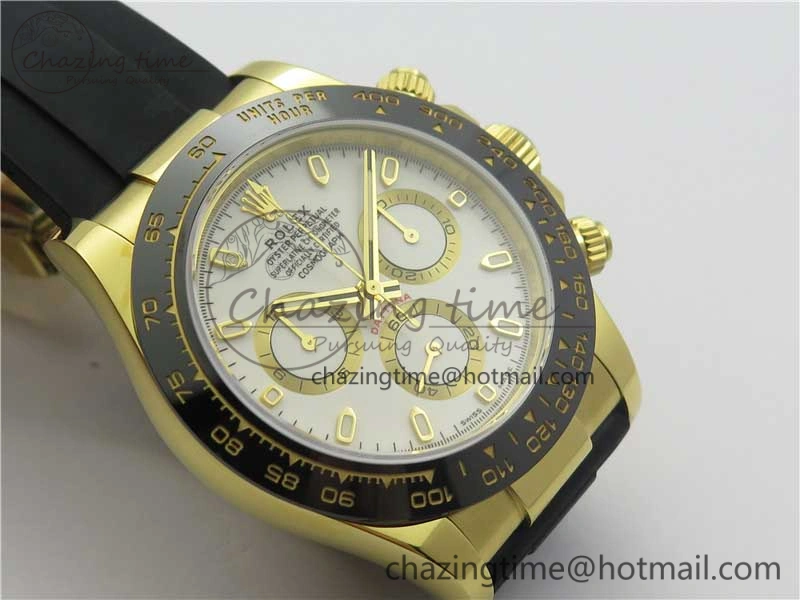 Daytona 116518 Noob 1:1 Best Edition YG Plated 904L SS Case White Dial on Black Rubber Strap SA4130 V3 (Free Extra Strap) Unique 3205