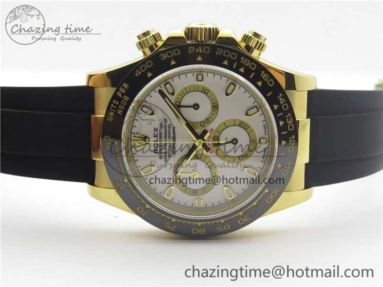 Daytona 116518 Noob 1:1 Best Edition YG Plated 904L SS Case White Dial on Black Rubber Strap SA4130 V3 (Free Extra Strap) Unique 3205