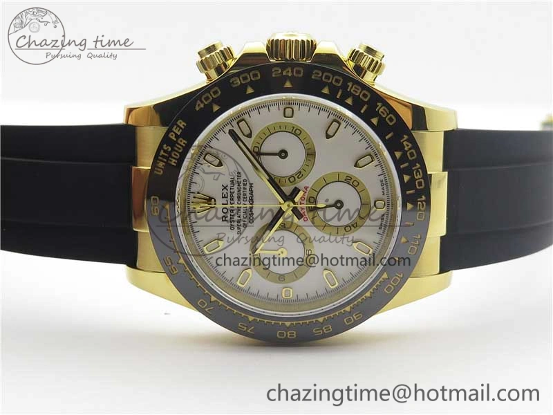 Daytona 116518 Noob 1:1 Best Edition YG Plated 904L SS Case White Dial on Black Rubber Strap SA4130 V3 (Free Extra Strap) Unique 3205