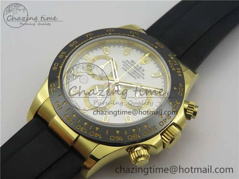 Daytona 116518 Noob 1:1 Best Edition YG Plated 904L SS Case White Dial on Black Rubber Strap SA4130 V3 (Free Extra Strap) Unique 3205
