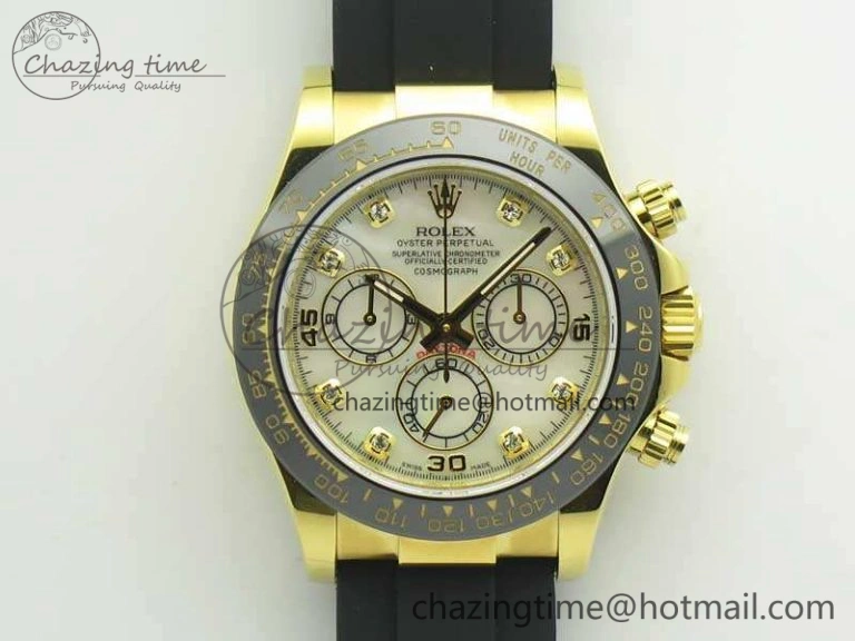 Daytona 116518LN YG JH Best White MOP Diam Dial On Rubber Strap A4130 (Free XS Rubber ) Packable 3460