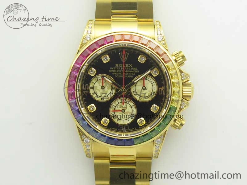 Durable Daytona 116589RBOW YG Rainbow Crystal BLF Best Edition Black Dial on YG Bracelet A 3352