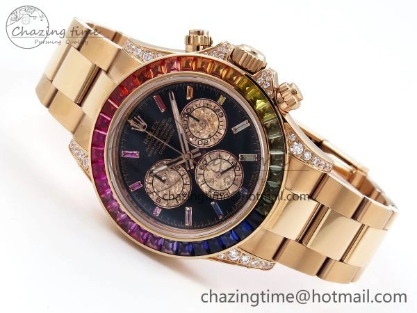 Daytona 116595RBOW RG Rainbow Crystal N6F Best Edition Black Dial on RG Bracelet SA Bold 1451