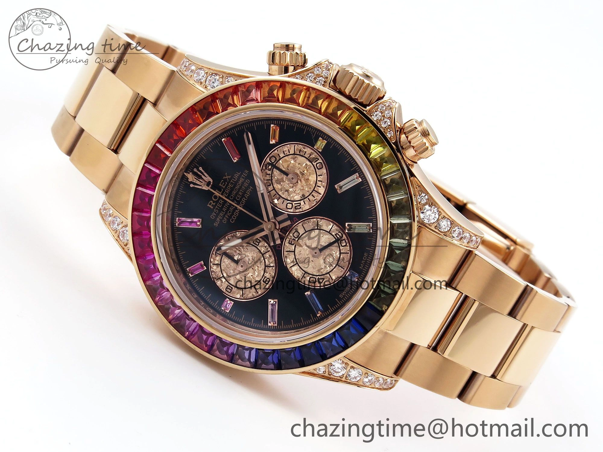 Daytona 116595RBOW RG Rainbow Crystal N6F Best Edition Black Dial on RG Bracelet SA Bold 1451