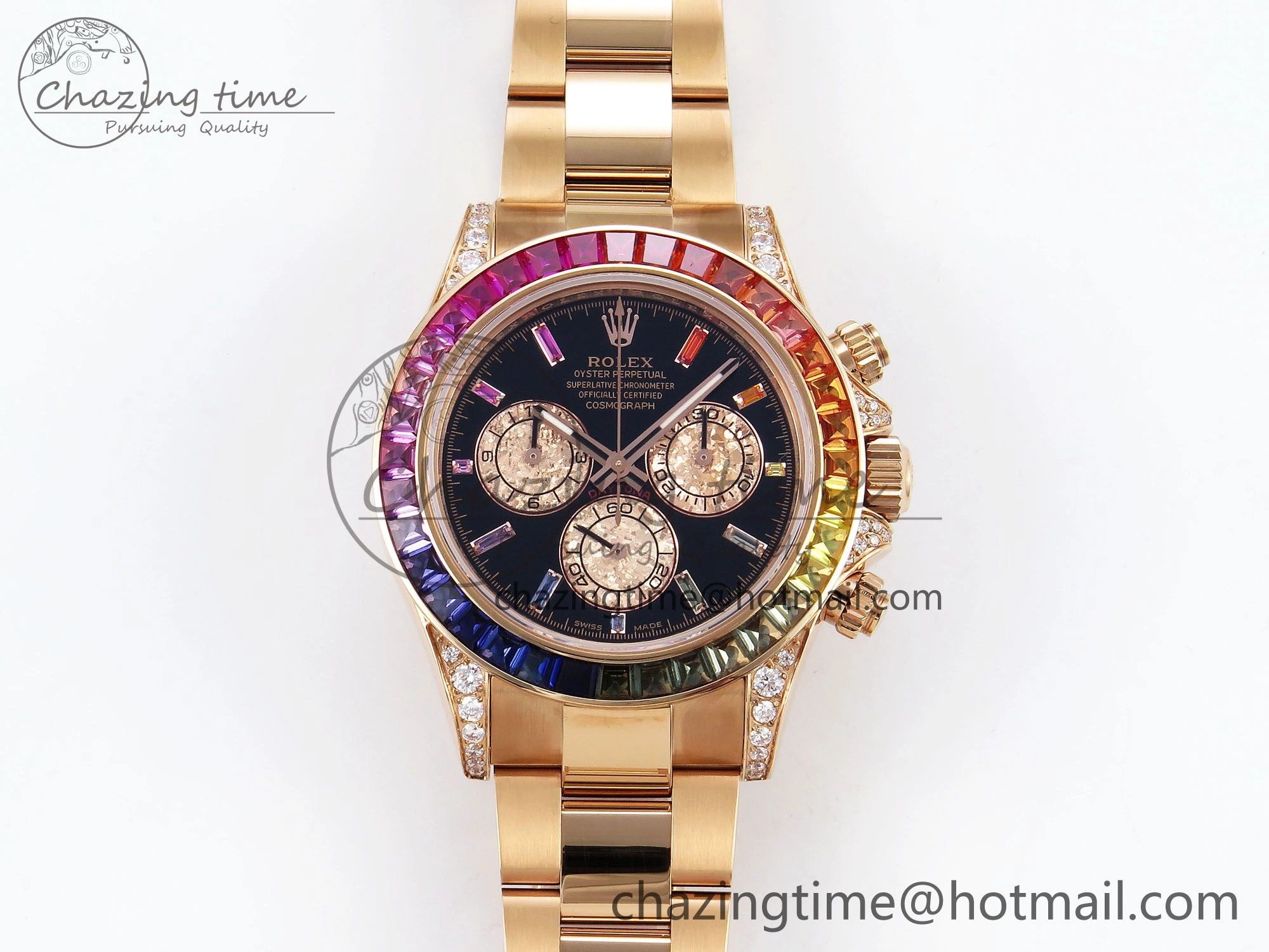Daytona 116595RBOW RG Rainbow Crystal N6F Best Edition Black Dial on RG Bracelet SA Bold 1451