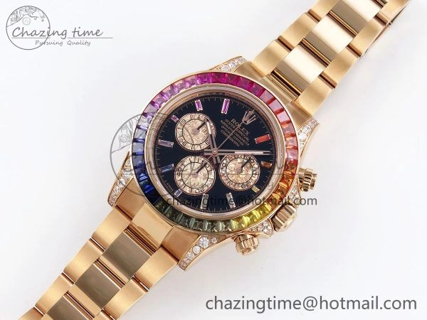 Daytona 116595RBOW RG Rainbow Crystal N6F Best Edition Black Dial on RG Bracelet SA Bold 1451