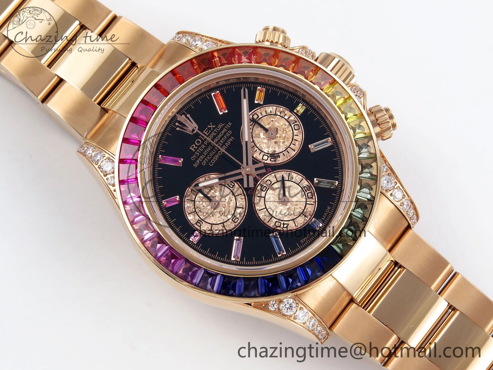 Daytona 116595RBOW RG Rainbow Crystal N6F Best Edition Black Dial on RG Bracelet SA Bold 1451