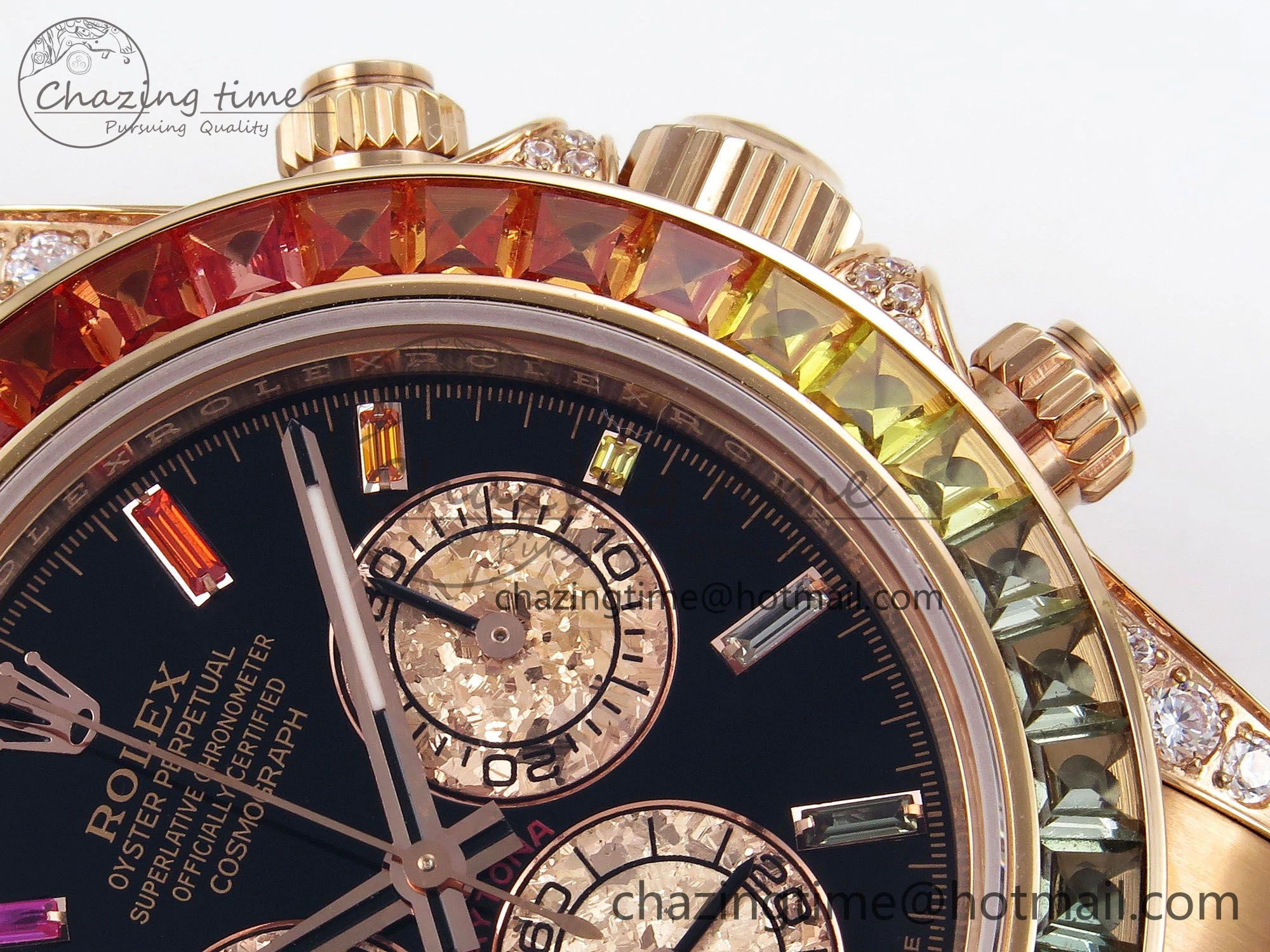 Daytona 116595RBOW RG Rainbow Crystal N6F Best Edition Black Dial on RG Bracelet SA Bold 1451