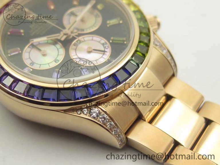 SmartChoice Daytona 116595RBOW Rainbow Crystal BP Maker Black Dial on RG Bracelet A 3428