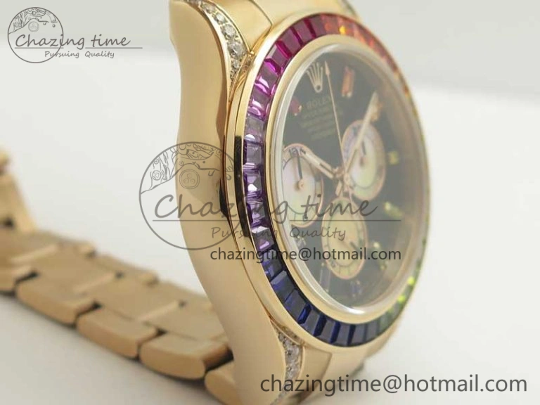 SmartChoice Daytona 116595RBOW Rainbow Crystal BP Maker Black Dial on RG Bracelet A 3428