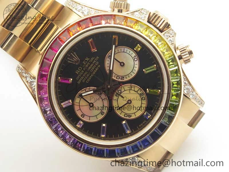 SmartChoice Daytona 116595RBOW Rainbow Crystal BP Maker Black Dial on RG Bracelet A 3428