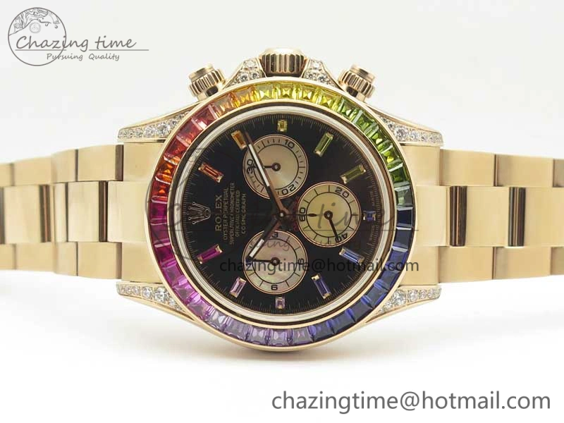 SmartChoice Daytona 116595RBOW Rainbow Crystal BP Maker Black Dial on RG Bracelet A 3428